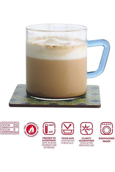 Borosil Vision Classic Mug Set Of 6, Blue Handle, Microwavable White