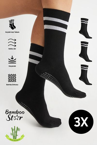 bamboo star Bamboo Women's Black Non-Slip Sole Silicone Print Yoga Fitness Pilates Ballet Dance Tennis Socks 3-Pack