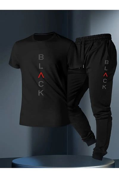 PAVRO Men's Oversize Tracksuit Set Black Printed Tracksuit Set