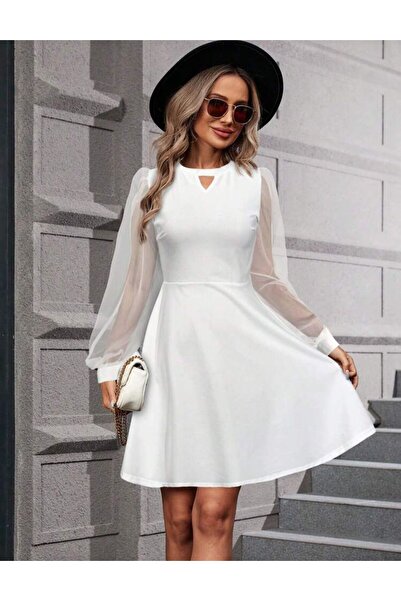 Styling Park Tül Kol Detaylı Mini Elbise Balo Mezuniyet Düğün Elbisesi