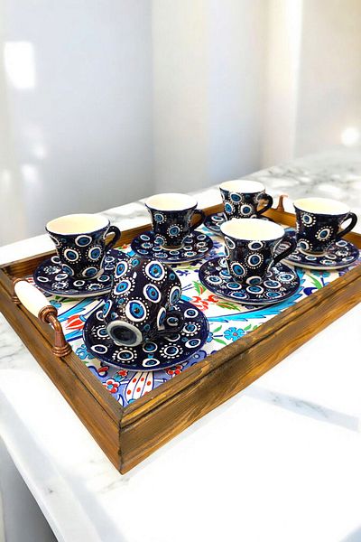 Salizera Evil Eye Beaded Coffee Cup Set for 6 People - Embossed Motif Hand Embroidered - Gift Cup