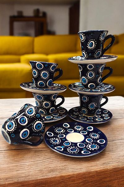 Salizera Evil Eye Beaded Coffee Cup Set for 6 People - Embossed Motif Hand Embroidered - Gift Cup