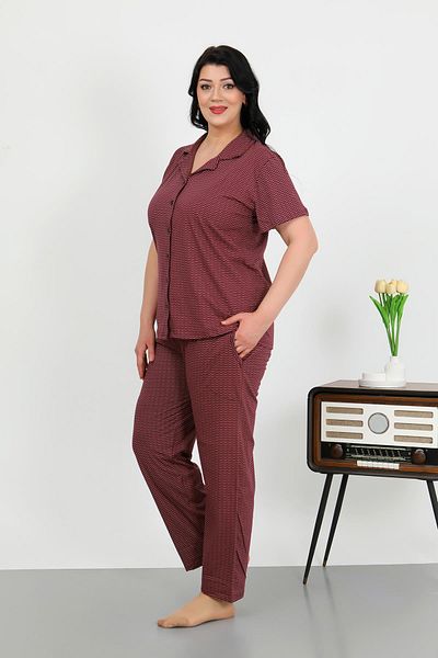 Akbeniz Women's Plus Size Cotton Pocket Buttoned Purple Pajama Set 202507