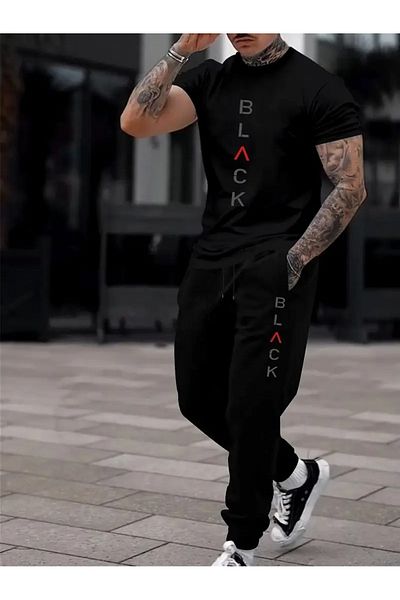 PAVRO Men's Oversize Tracksuit Set Black Printed Tracksuit Set