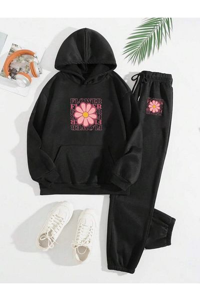 RPT MODA Oversized Flowers Printed Detail Hooded Kangaroo Pocket Double Set Tracksuit Bottom and Top