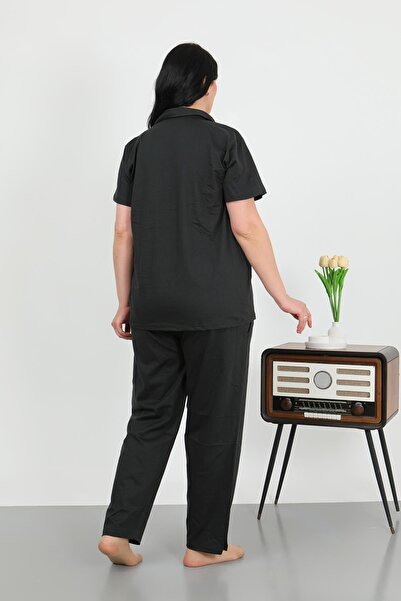 Akbeniz Women's Plus Size Cotton Pocket Buttoned Black Pajama Suit 202507