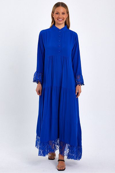 AYASOFYA OTANTIK Rochie lungă cu detaliu din dantelă, albastră Saks, cu guler cu nasturi