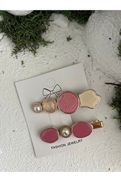 Derin Düşler Adult Children's Hair Clip Set of 2 Pink Cream Stone Hair Clips