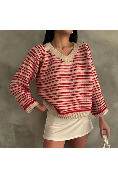 SHUGAA Women's V-Neck Striped Soft Sweater
