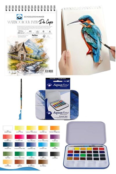 GLANCE Da Capo Cool Press 300 g A5 12 Sheets Aquafine Tablets and Watercolor Travel Set 24