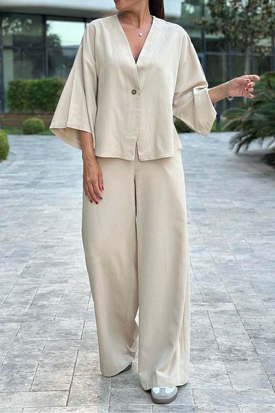 Suzi Women's Beige Linen Single Button Kimono Pants Suit 4S5139