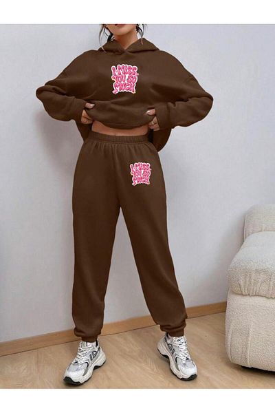 RPT MODA Oversized Miss Print Detail Hooded Kangaroo Pocket Double Set Tracksuit Bottom and Top