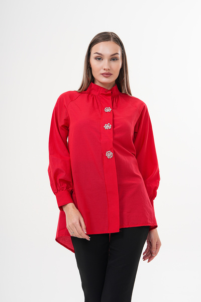 Amorti Kadın Kırmızı Kar Tanesi Düğme Detaylı Gömlek