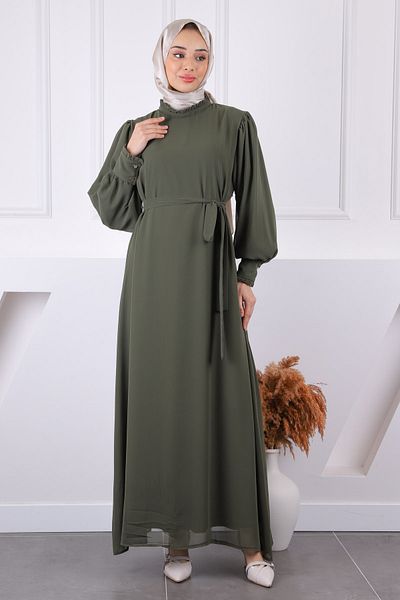 İmajButik Φόρεμα σιφόν με βολάν με χακί γιακά