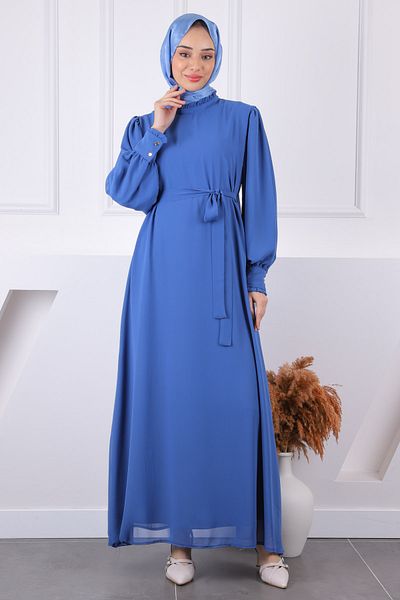 İmajButik Φόρεμα σιφόν με βολάν με γιακά Indigo