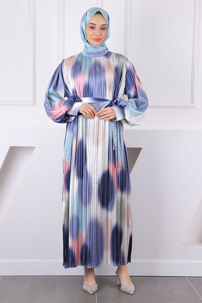 İmajButik Πλισέ φόρεμα με μπλε ναυτικό μέση