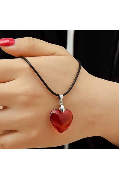 Mos Tespih Leather String Agate Natural Stone Heart Necklace