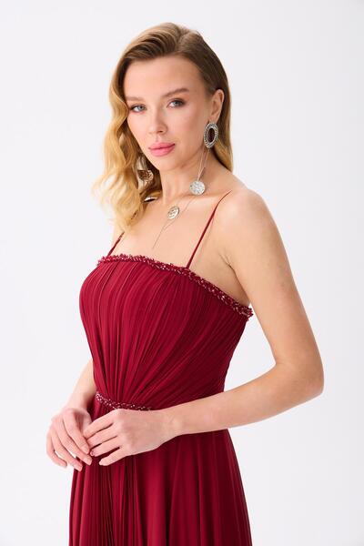 Carmen Bordo Askılı İşlemeli Şifon Abiye Elbise