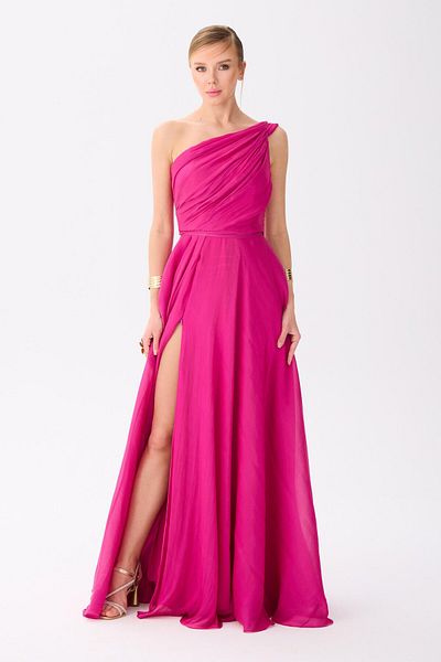 Carmen Fuchsia One Sleeve Satin Evening Dress with Train