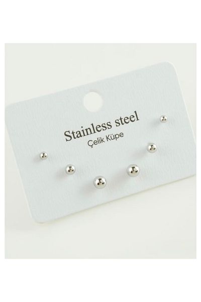 ÇELİKSİLVERTAKI Set of 6 Stoneless Steel Ball Earrings