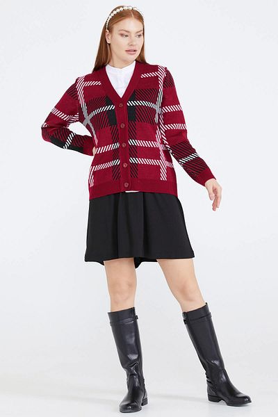 Sementa Patterned V-Neck Women's Knitwear Cardigan - Red