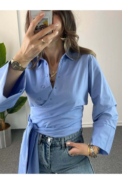 FMN Moda Cămașă asimetrică cu design Pinterest, cu mâneci cu deschidere largă, echivalent cu marca cu centură mare