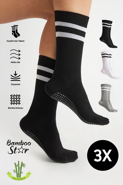 bamboo star Bamboo Women's Anti-Slip Sole Silicone Print Yoga Fitness Pilates Ballet Dance Non-Slip Tennis Socks 3-Piece