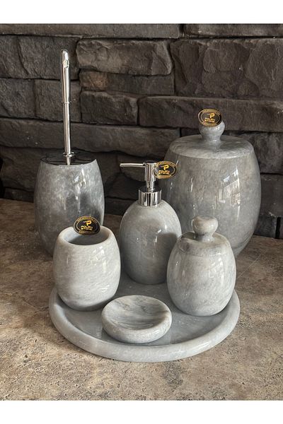 Polen Stone 7 Piece Natural Gray Marble Oval Model Bathroom Set