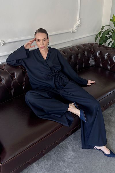MAGARDE Rose Detail Elastic Waist Kimono Set - Dark Blue