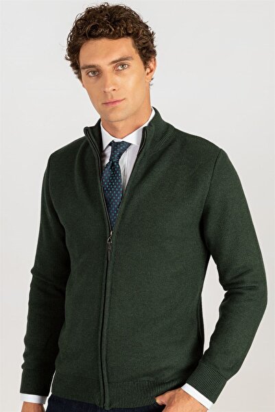 Tudors سترة صوفية خضراء بسحاب للرجال بنصف الياقة المدورة