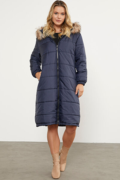 Sementa Штучне хутро з капюшоном довгий пальто - темно-синій