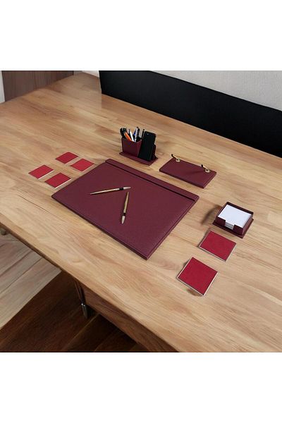 Kerem ofis Leather Desk Set - Decorated, Notepad and Coaster - New Business Office Gift