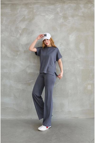 Modayakamoz Osy Modal Soft Textured Fabric Crew Neck Stone Detailed Short Sleeve Set - Gray