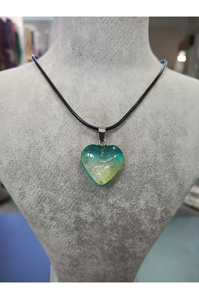 Mos Tespih Leather Drawstring Fluorite Natural Stone Heart Figured Necklace