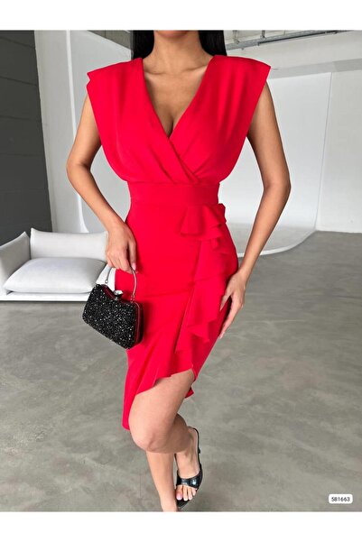 Modafeminen Kruvaze Yaka Scuba Volanlı Elbise Kırmızı 581663