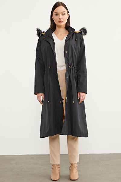 Sementa Штучне хутро з капюшоном, регульований пояс, довгий тренч - чорний