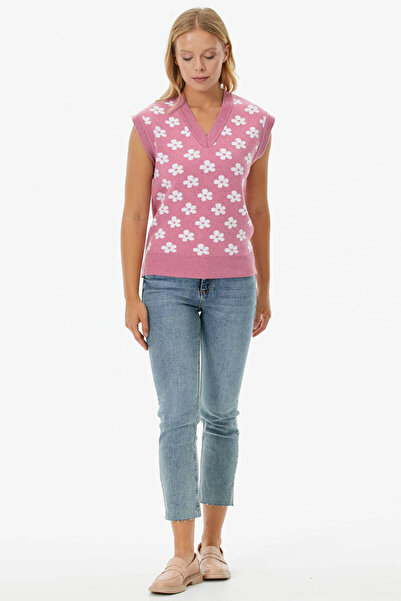 Sementa V-Neck Floral Motif Knitwear Sweater - Pink