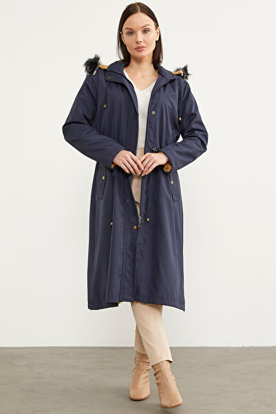 Sementa Штучне хутро з капюшоном, регульований пояс, довгий тренч - темно-синій