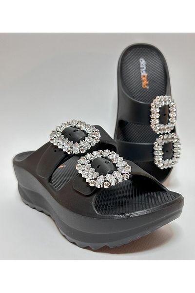AkınalBella Adjustable Double Buckle Stone Detail Black Eva Platform Heel Women's Daily Home and Street Slippers