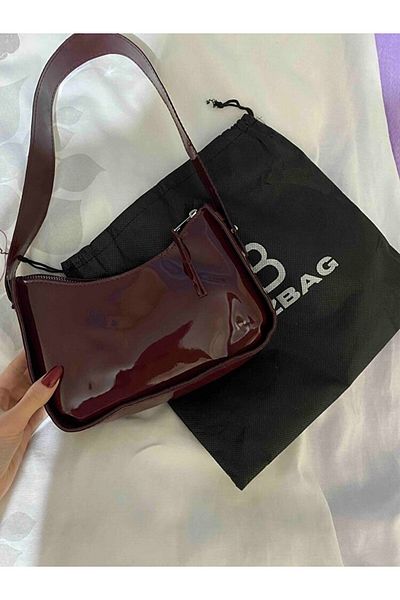 YMZBAG Claret Red Patent Leather Baguette Handbag