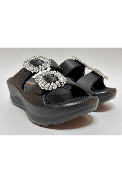 AkınalBella Adjustable Double Buckle Stone Detail Black Eva Platform Heel Women's Daily Home and Street Slippers