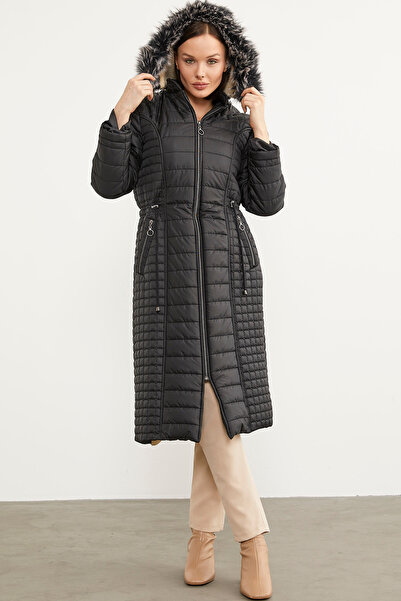 Sementa Faux Fur Hooded Zippered Long Coat - Black