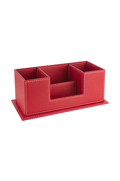 2K Desktop Leather Organizer Pen Holder 4 Compartments Desktop Organizer Rainbow Vegan 10X12X25 Cm. Red