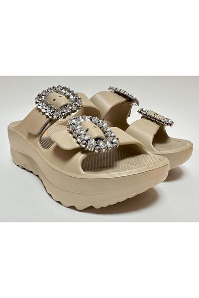 AkınalBella Adjustable Double Buckle Stone Detail Beige Eva Platform Heel Women's Daily Home and Street Slippers