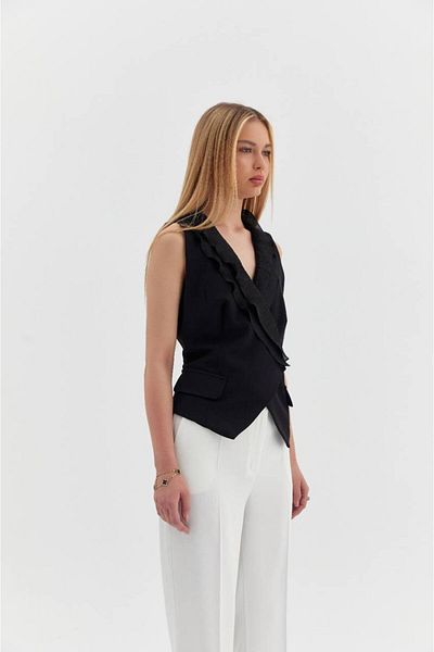 Kinzi Women's Black Ruffle Detailed Stylish Vest Summer - Classic and Modern Style