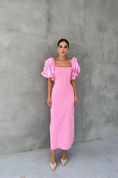 KAZAK Pink Embroidered Sleeve Garnished Dress