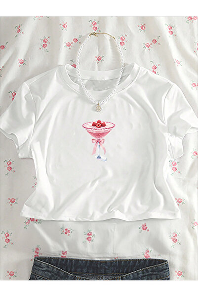 EVIus تي شيرت نسائي قصير مطبوع عليه كوكتيل التوت
