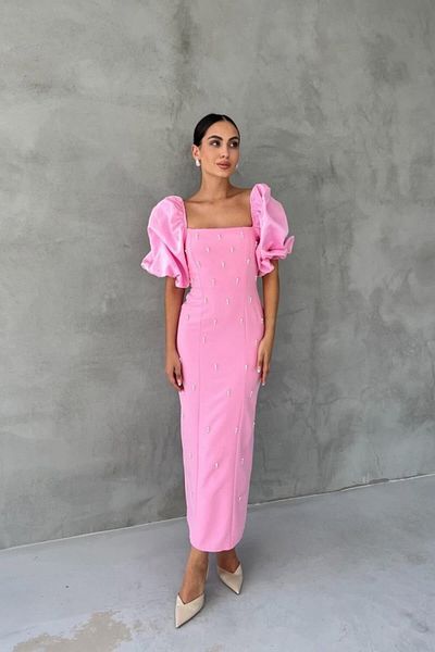 KAZAK Pink Embroidered Sleeve Garnished Dress