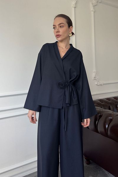 MAGARDE Rose Detail Elastic Waist Kimono Set - Dark Blue