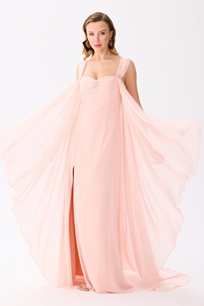 Carmen Pudra Pelerinli Şifon Abiye Elbise